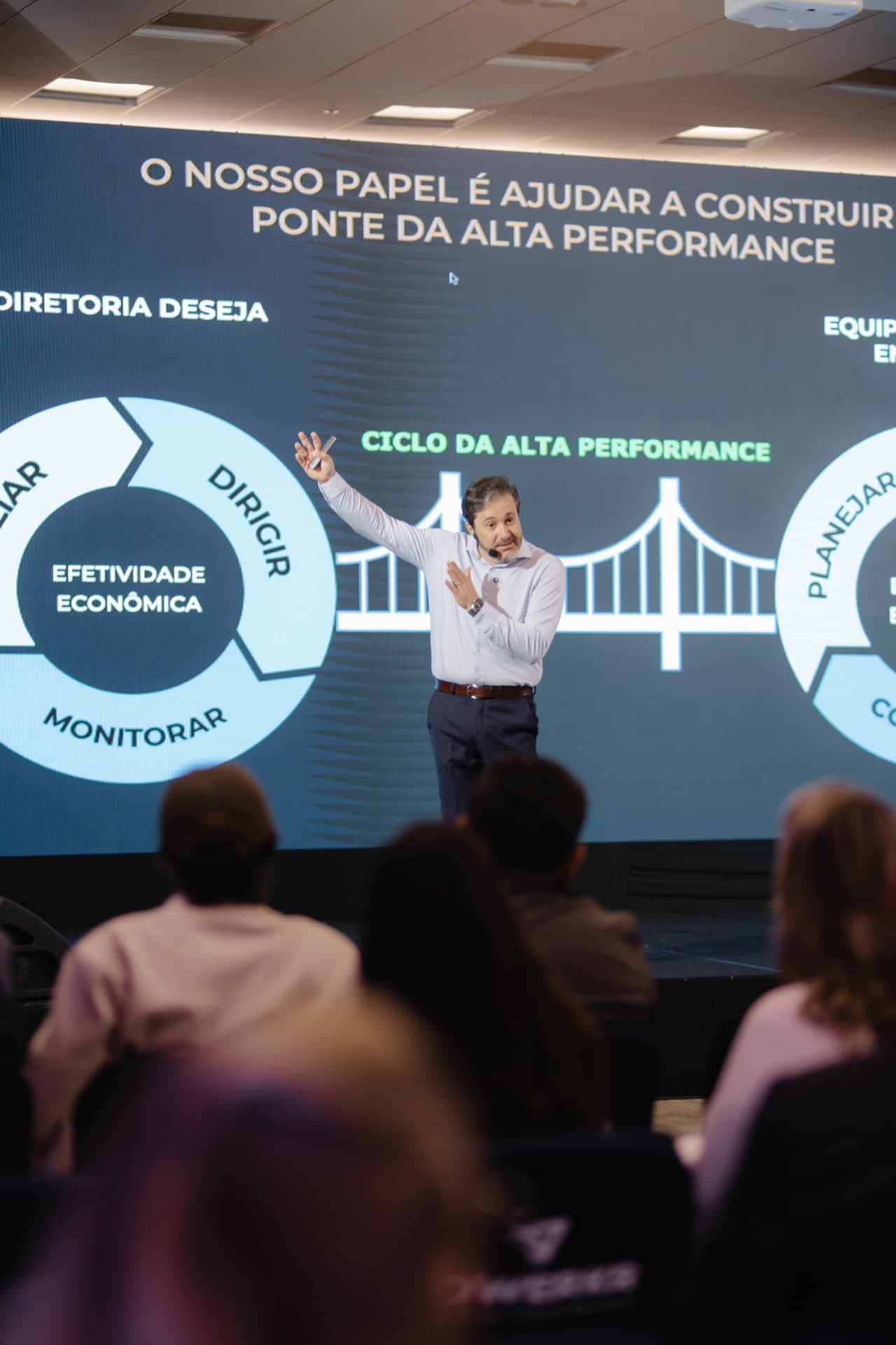 Palestrante explicando o ciclo da alta performance no telão